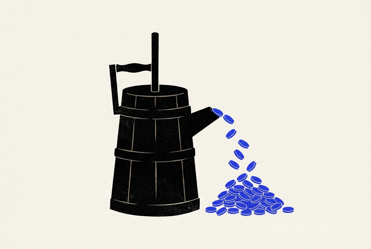 Illustration en encre noire d'une baratte à beurre traditionnelle qui laisse tomber des pièces bleues au lieu de beurre, symbole d'une plateforme qui monétise à chaque étape de la chaîne publicitaire.
