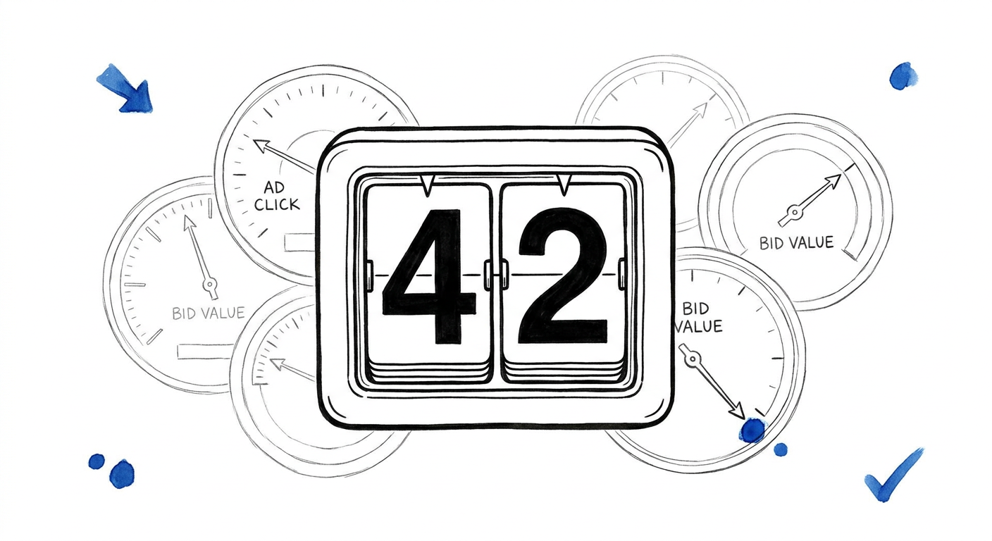 Illustration en encre noire d'un compte à rebours géant affichant 42, avec des cadrans d'enchères publicitaires en arrière-plan, symbole d'une deadline donnée sans explication du changement réel.